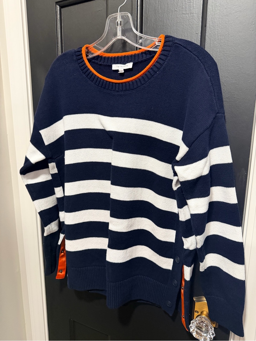 Talbots Navy, White & Orange Striped Crewneck Sweater